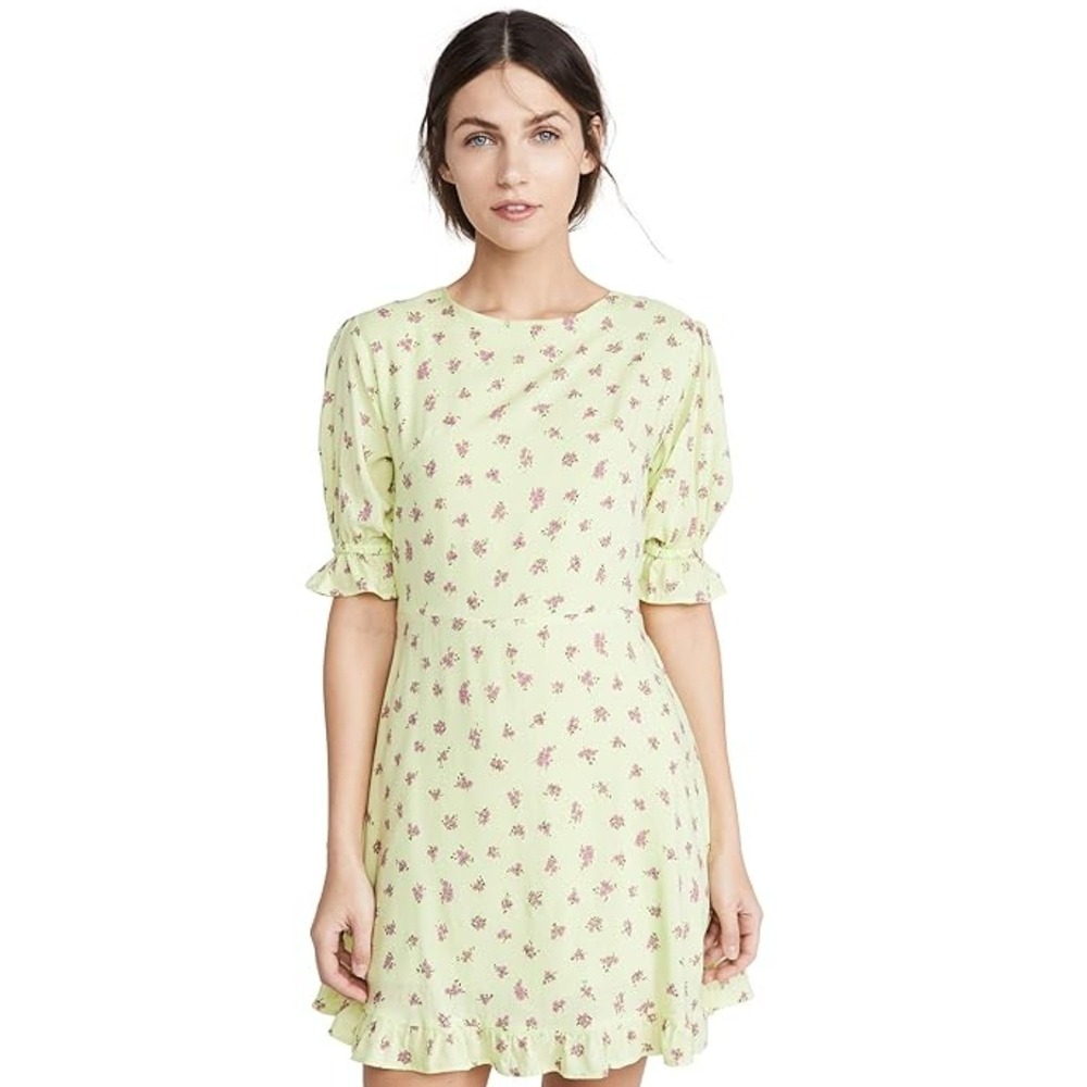 Faithfull the Brand Floral Mini Dress Ruffle Short Sleeve Green M